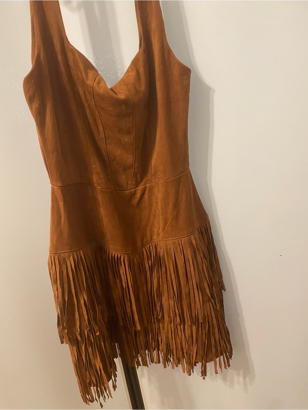 Suede Fringe Mini Dress in Cognac